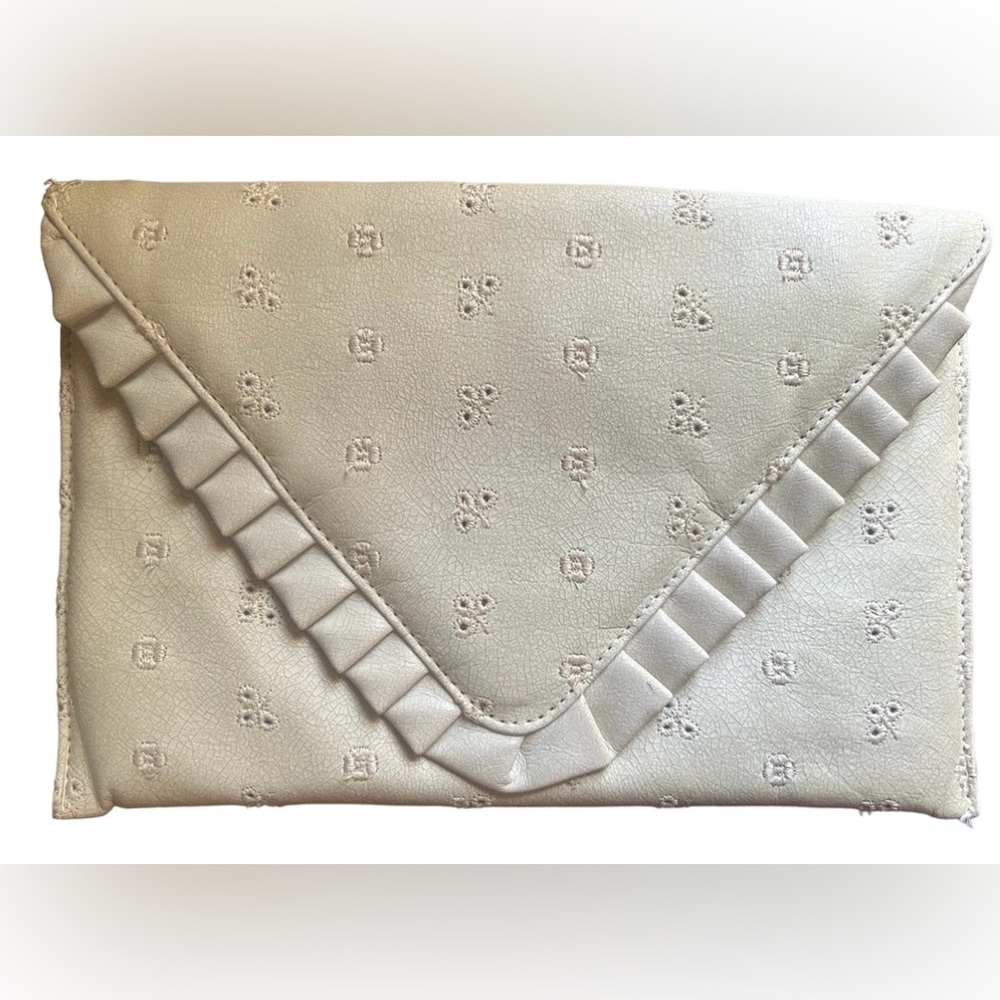 Vintage Theodor of California Ivory Bone Leather embroidered clutch,snap closure